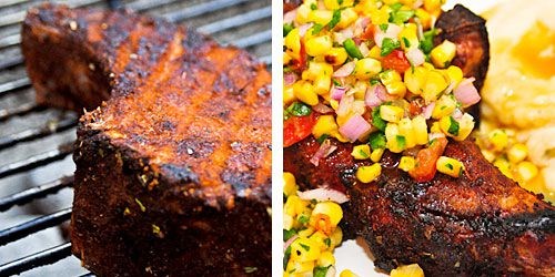 Chili rubbed pork chops with corn salsa
