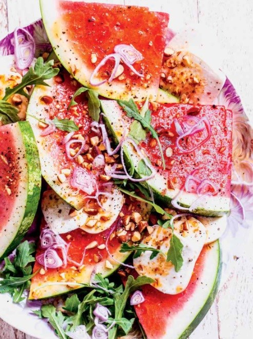 Chili-soaked watermelon with smoked almonds