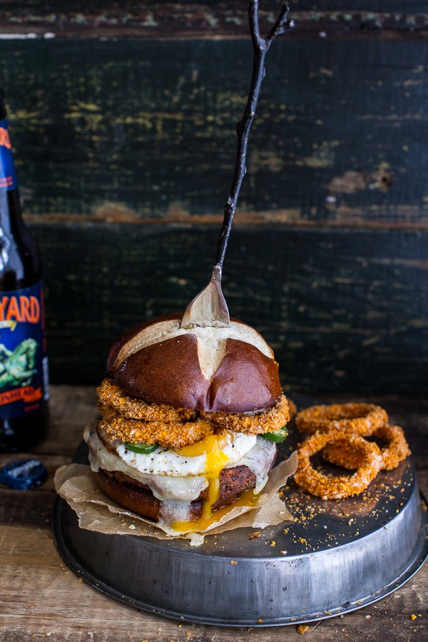 Chili style sweet potato black bean burgers w/baked cheddar beer onion rings + fried eggs