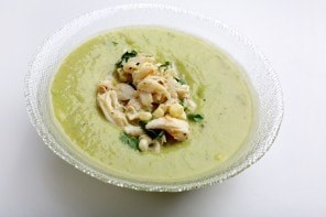 Chilled avocado and melon soup with spicy crab-corn salad