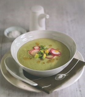 Chilled avocado, kumara, coconut and ginger soup with radish