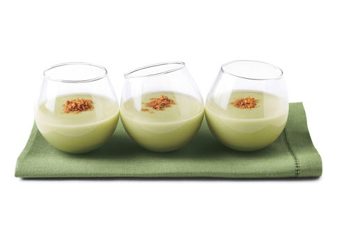 Chilled avocado soup shots with spicy breadcrumbs