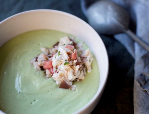 Chilled avocado soup with crab and yogurt
