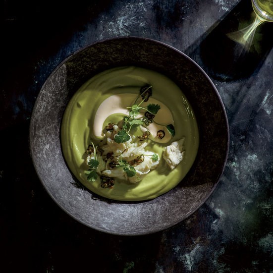 Chilled avocado soup with crab