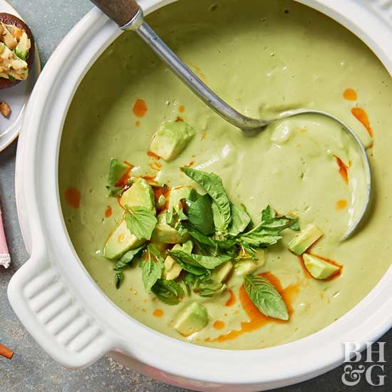 Chilled avocado soup with ginger and basil