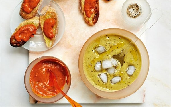 Chilled avocado soup with hot pepper toasts