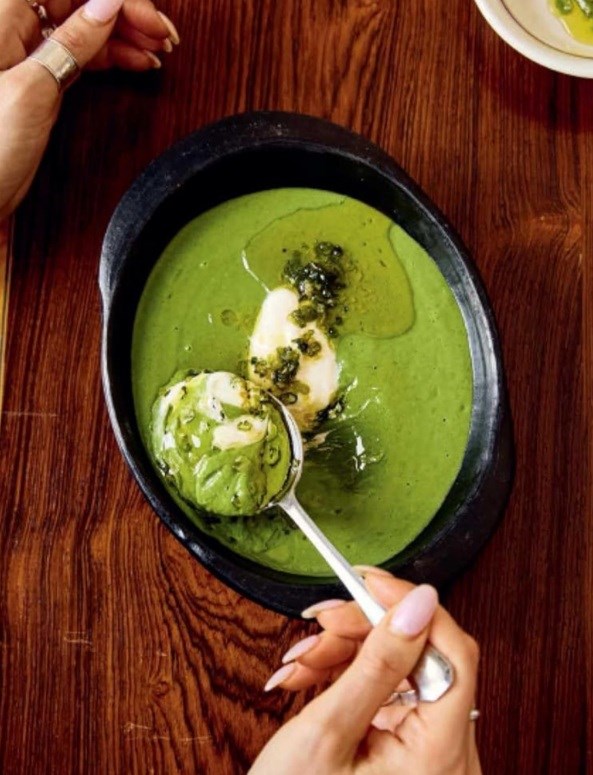 Chilled avocado soup with scallion butter