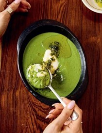 Chilled avocado soup with scallion butter