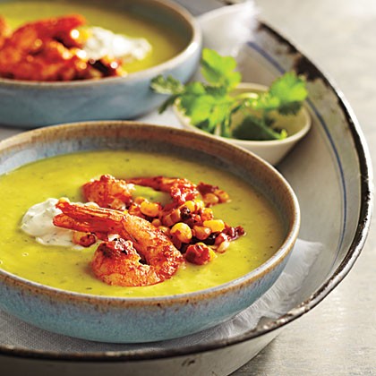 Chilled avocado soup with seared chipotle shrimp