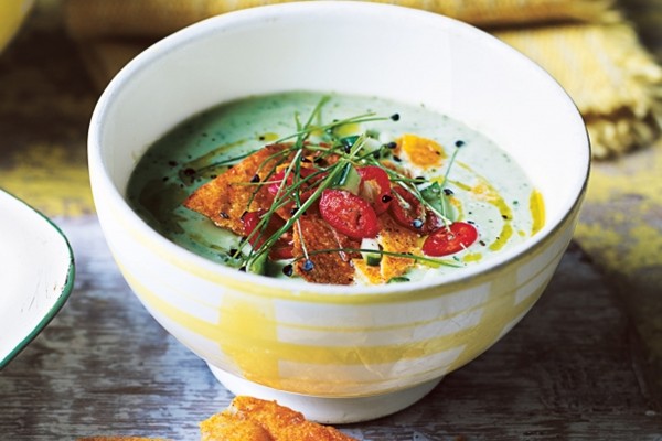 Chilled avocado soup with tortilla chips