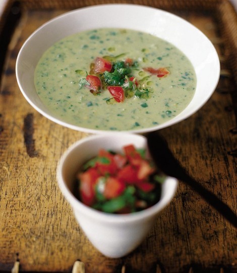 Chilled avocado soup with zingy salsa