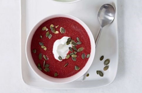 Chilled beet soup with yogurt and pepitas