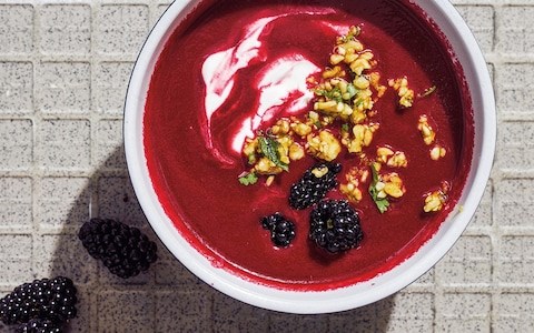 Chilled beetroot and blackberry  soup with  walnut relish