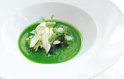 Chilled broccoli soup, salt cod mousse, seared hand-dived scallops and broccoli shoots