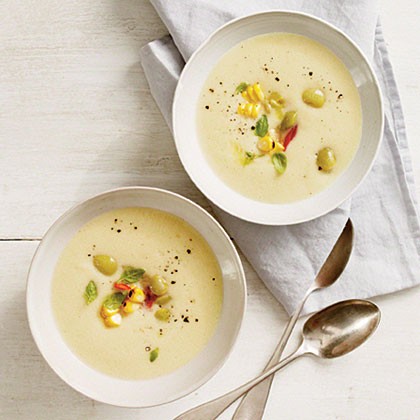 Chilled butter bean soup with basil-corn relish