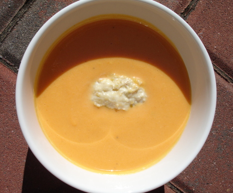 Chilled carrot almond dessert soup with almond raisin pesto