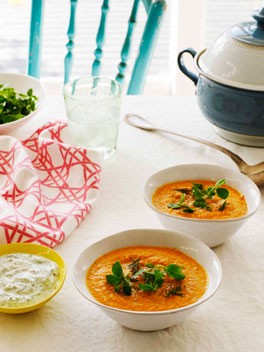 Chilled carrot soup with lemon and dill yoghurt
