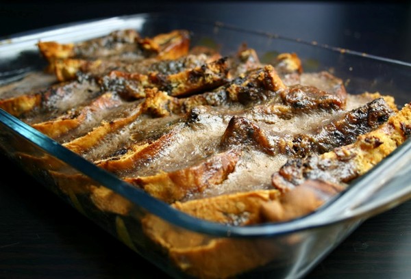 Chilled chocolate custard Lincolnshire plum bread and butter pudding