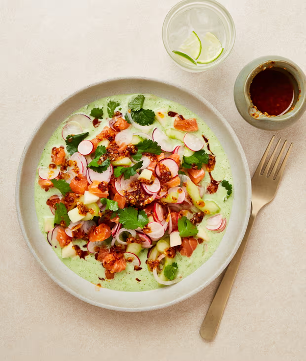 Chilled coconut broth with salmon crudo