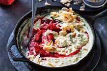 Chilled coconut rice pudding with rhubarb jam