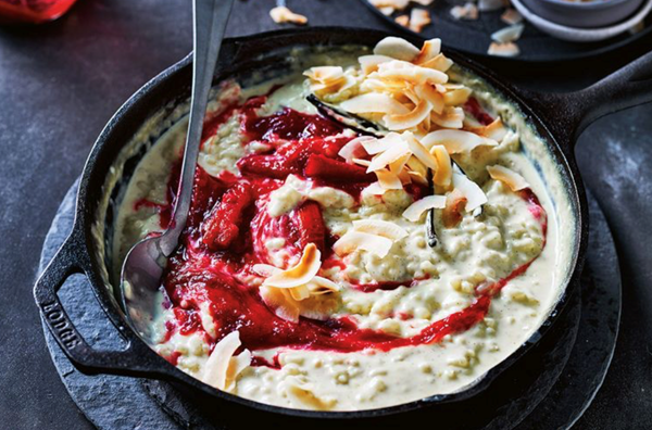 Chilled coconut rice pudding with rhubarb jam