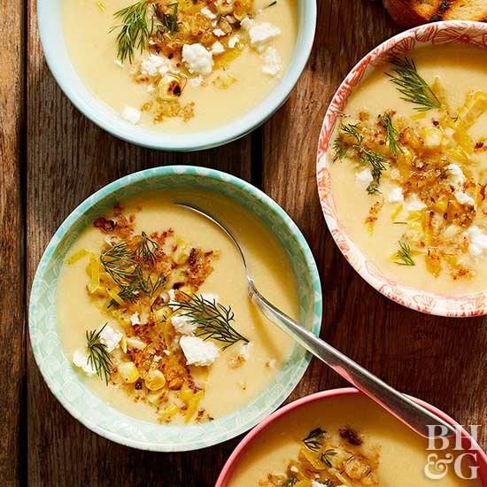 Chilled corn soup with crispy corn & panko topper