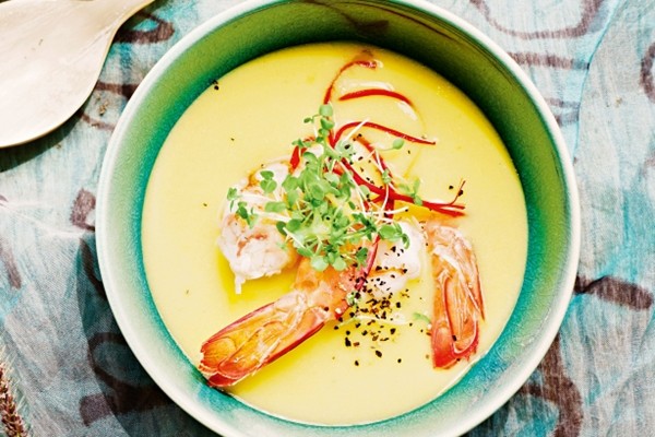 Chilled corn soup with drunken tequila prawns