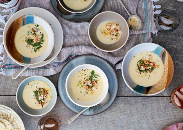 Chilled corn soup with lobster salad