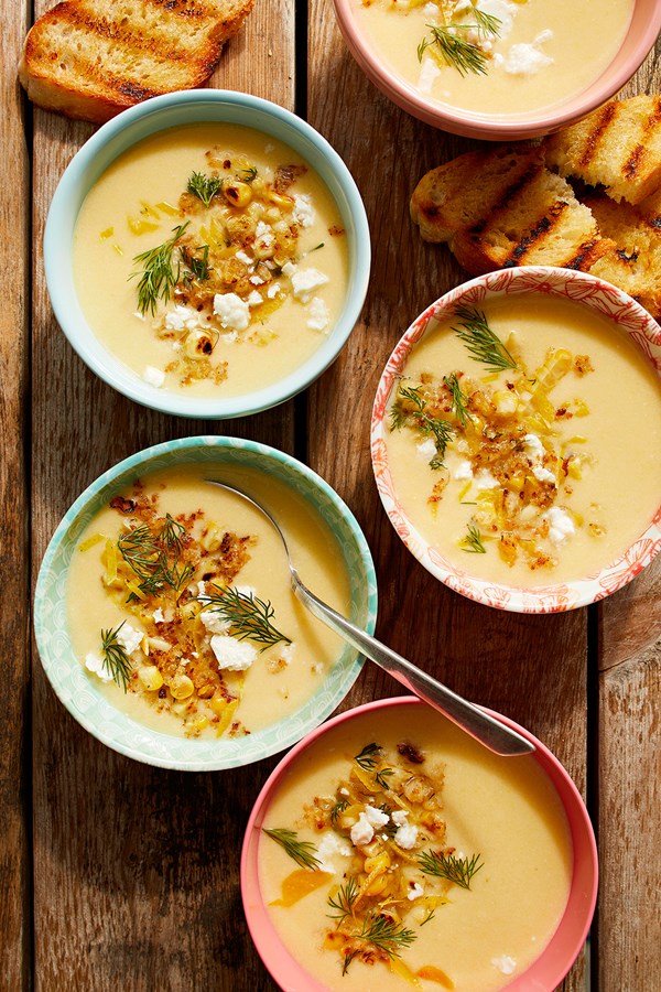 Chilled corn soup with panko-dill topper