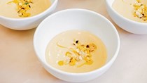 Chilled corn soup with vanilla oil