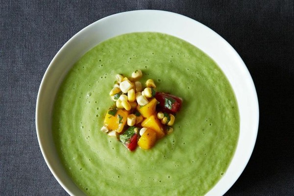 Chilled cucumber and avocado soup with mango salsa