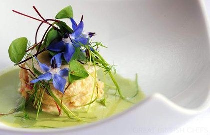 Chilled cucumber and horseradish gazpacho with Lymington crab salad and pickled white radish
