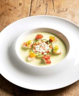 Chilled cucumber and mint soup with Alaskan king crab