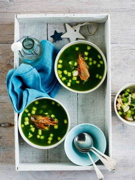 Chilled cucumber and prawn soup with crisp prawn heads