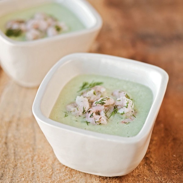 Chilled cucumber-buttermilk soup with dilled shrimp