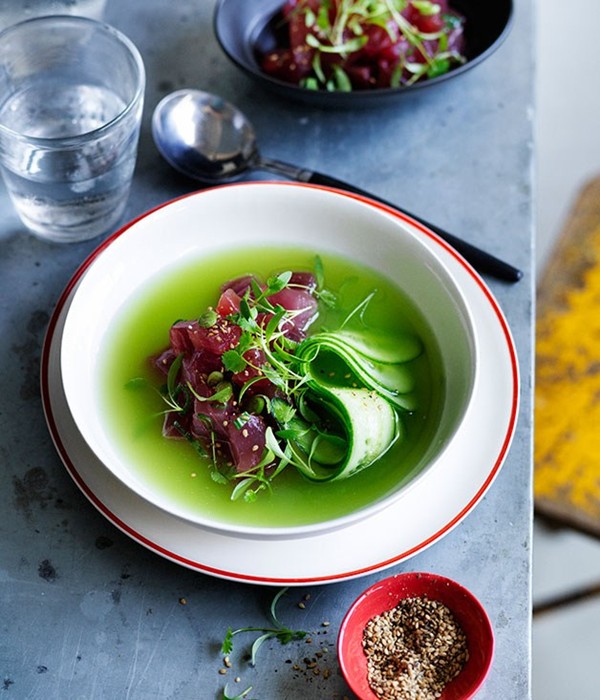 Chilled cucumber-ginger soup with raw tuna