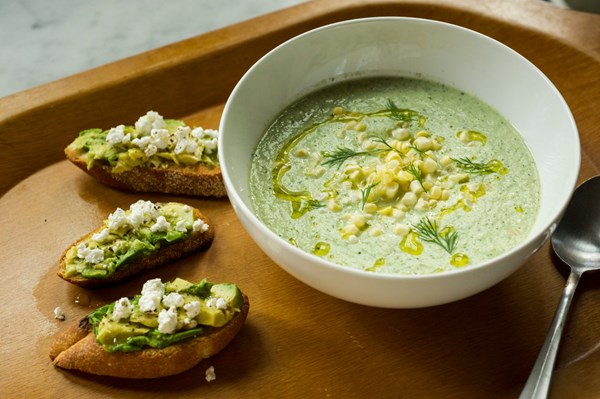 Chilled cucumber soup with avocado toast 