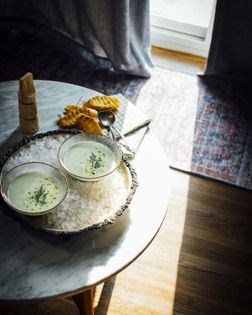 Chilled cucumber soup with jalapeño oil