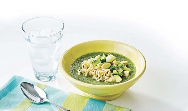 Chilled cucumber soup with ramen, Asian pear, and avocado