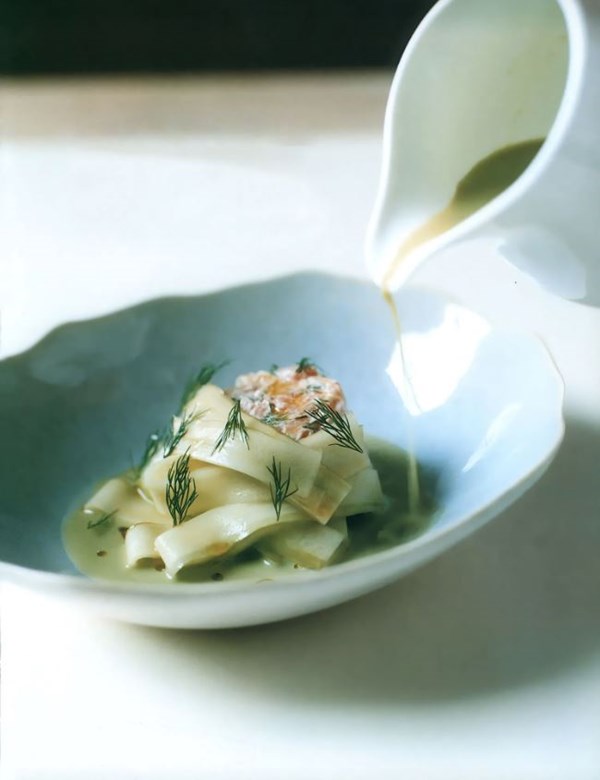 Chilled cucumber soup with salmon tartare
