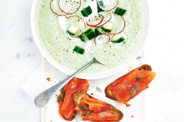 Chilled dill and cucumber soup with salmon crostini