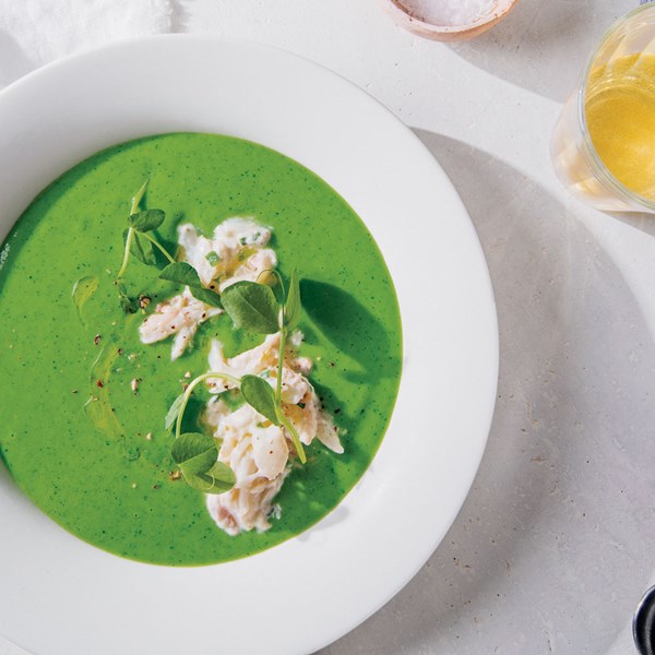 Chilled English pea soup with crab and Meyer lemon