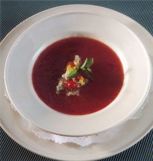 Chilled fresh tomato soup with summer relish