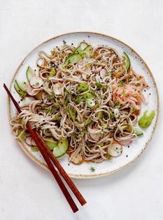 Chilled Japanese soba noodles with cucumber and a sesame and miso dressing