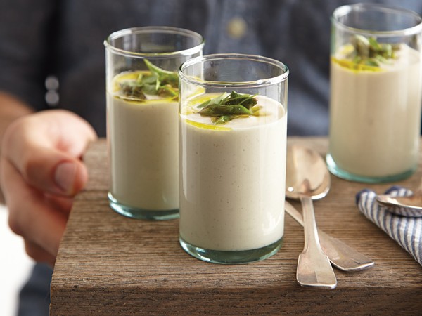 Chilled macadamia gazpacho with cured asparagus