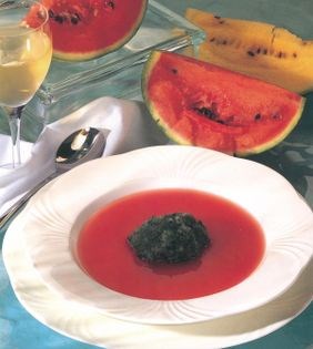 Chilled melon soup with eau-de-cologne mint sorbet