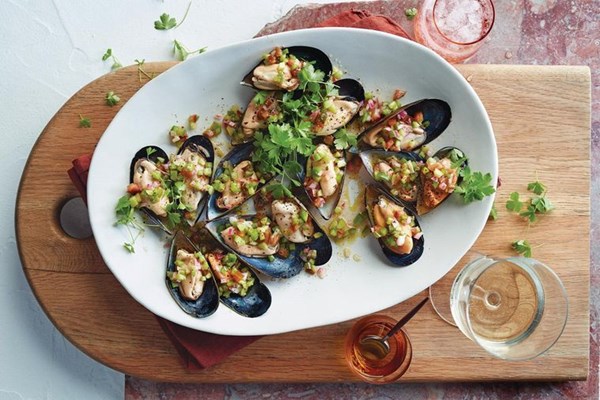 Chilled mussels with pickled vegetable salad