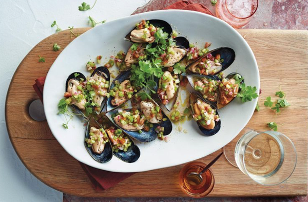 Chilled mussels with pickled vegetable salad