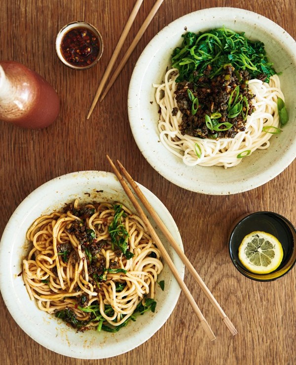 Chilled paua, shiitake & watercress dan dan noodles
