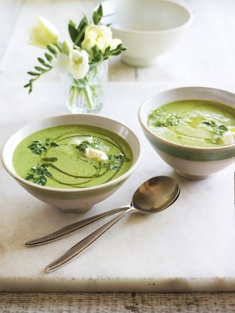 Chilled pea & chervil soup with creme fraiche